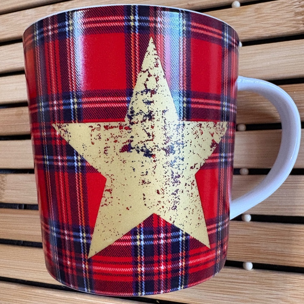 Beautiful Red Plaid Mug with Distressed Gold Star